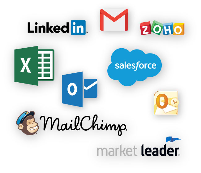 Icons of CRM systems to import your data from such as Gmail, Outlook, Salesforce, Mailchimp, Marketleader, Zoho, LinkedIn, Excel